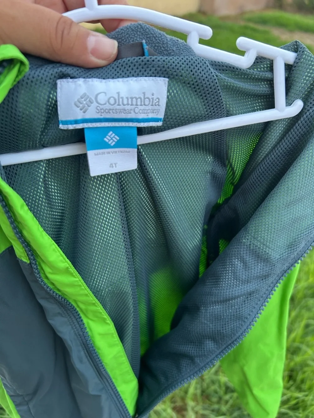 Columbia Bright Green Frog Hood Rain Jacket with Dark Gray Panel
